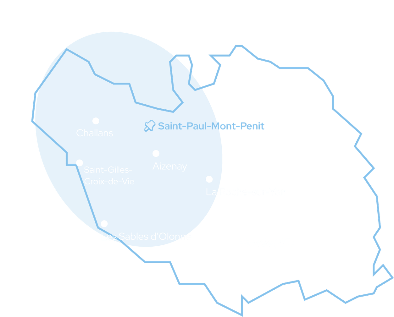 Carte de la zone d’intervention des Frér’eau Payen en Nord-Ouest Vendée : Saint-Paul-Mont-Penit, Aizenay, Challans, Saint-Gilles-Croix-de-Vie, Les Sables d’Olonne, La Roche-sur-Yon