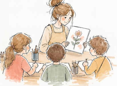 Illustration aquarelle : la professeure montre un dessin de fleur à trois enfants