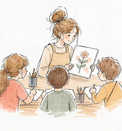 Illustration aquarelle : l'intervenante montre un dessin de fleur à trois enfants