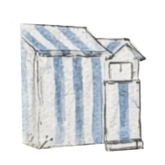 Cabine de plage rayée bleu et blanc dessinée à l'aquarelle