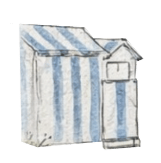 Cabine de plage rayée bleu et blanc dessinée à l'aquarelle