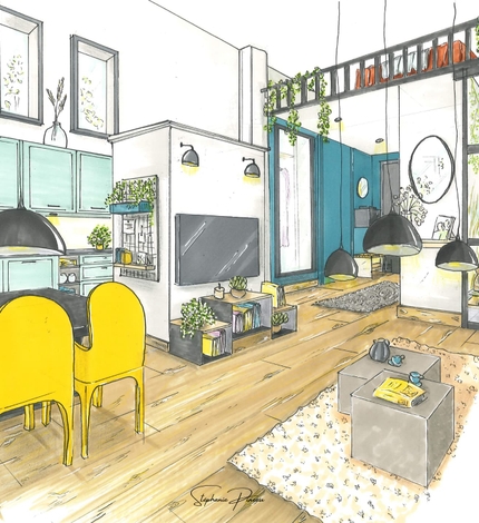 Croquis en perspective d'un intérieur : salon avec cuisine ouverte et chaises jaunes