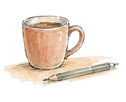 Croquis aquarelle d'une tasse de café et d'un critérium