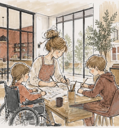 Atelier de dessin inclusif : une intervenante dessine avec deux enfants, dont une fillette en fauteuil roulant
