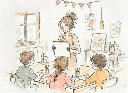 Atelier de dessin : une professeure montre un carnet de croquis à des enfants