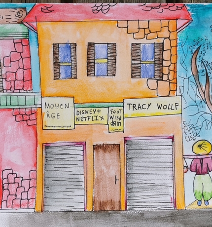 Aquarelle d'élève représentant une façade de maisons colorées