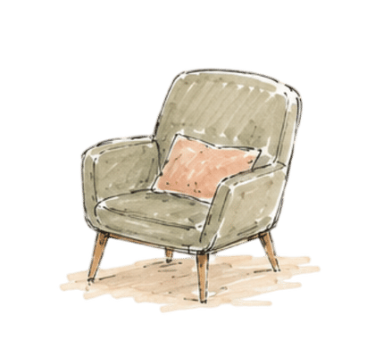 Croquis aquarelle d'un fauteuil avec coussin rose