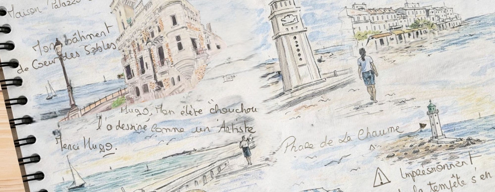 Carnet de croquis aquarelle des Sables-d'Olonne : remblai, tour d'Arundel et phare de La Chaume