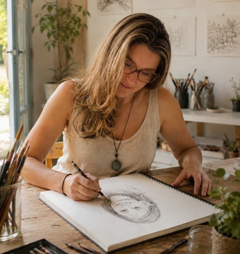 Stéphanie Pineau en train de dessiner un portrait dans son atelier
