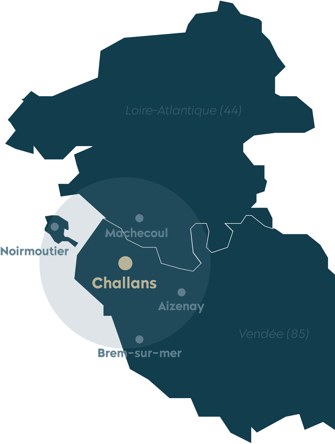 Carte de la zone d'intervention d'Ouest Construction : Challans, Machecoul, Noirmoutier, Aizenay, Brem-sur-Mer en Vendée et Loire-Atlantique