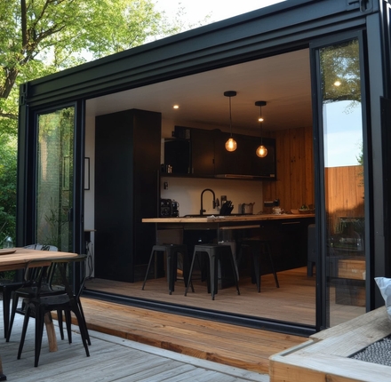 Extension de maison avec grande baie coulissante ouverte sur la terrasse et cuisine ouverte