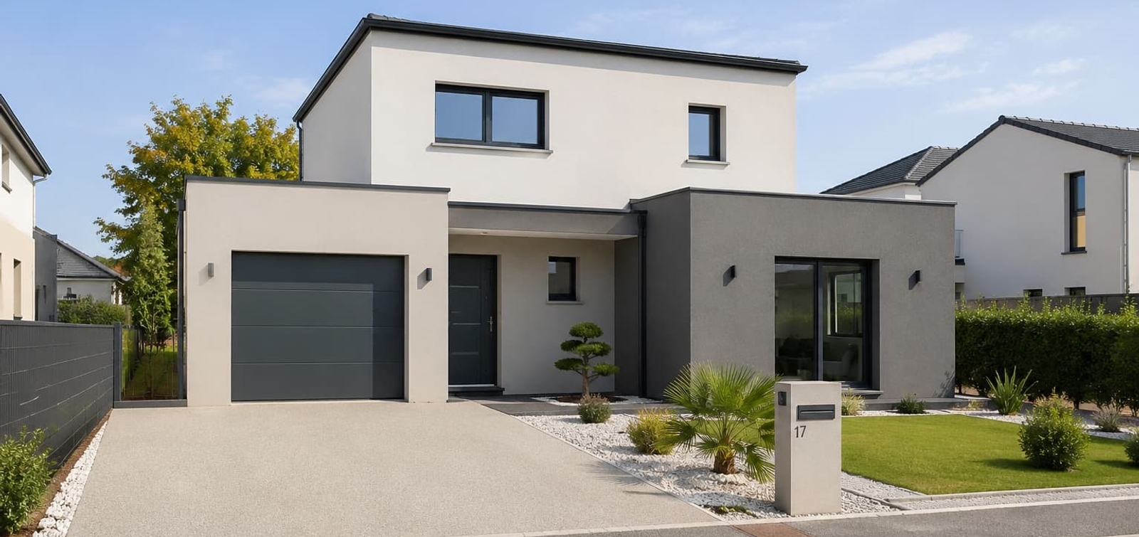 Maison neuve contemporaine avec extension à toit plat construite à Challans en Vendée