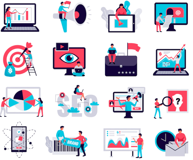 Pictogrammes illustrant le marketing digital : SEO, publicité, réseaux sociaux, analyse de données