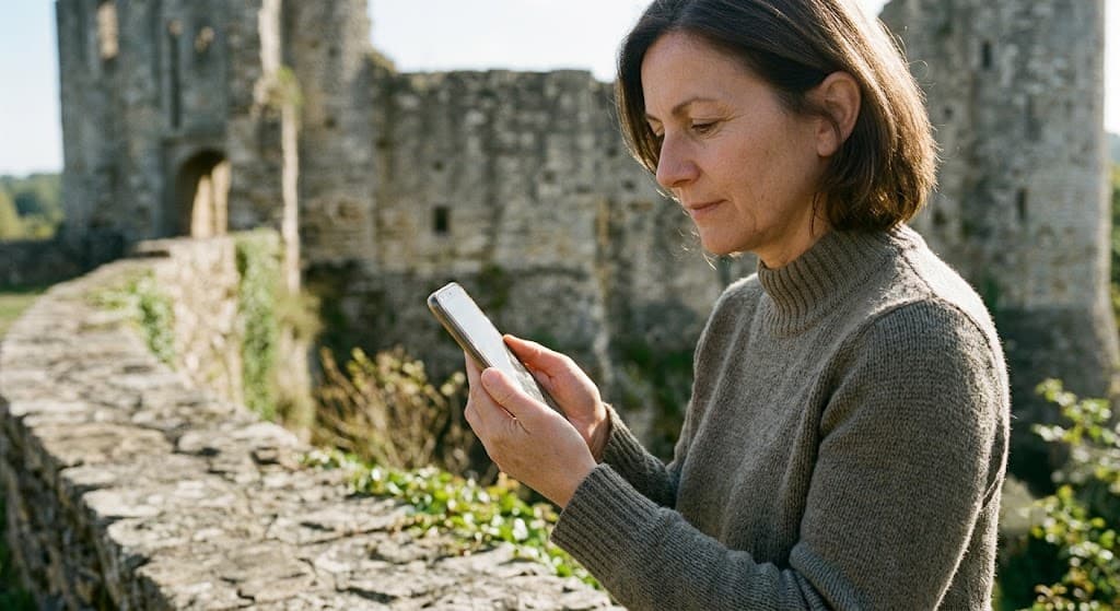 Femme consultant l'écran de son smartphone en extérieur, devant les ruines d'un château