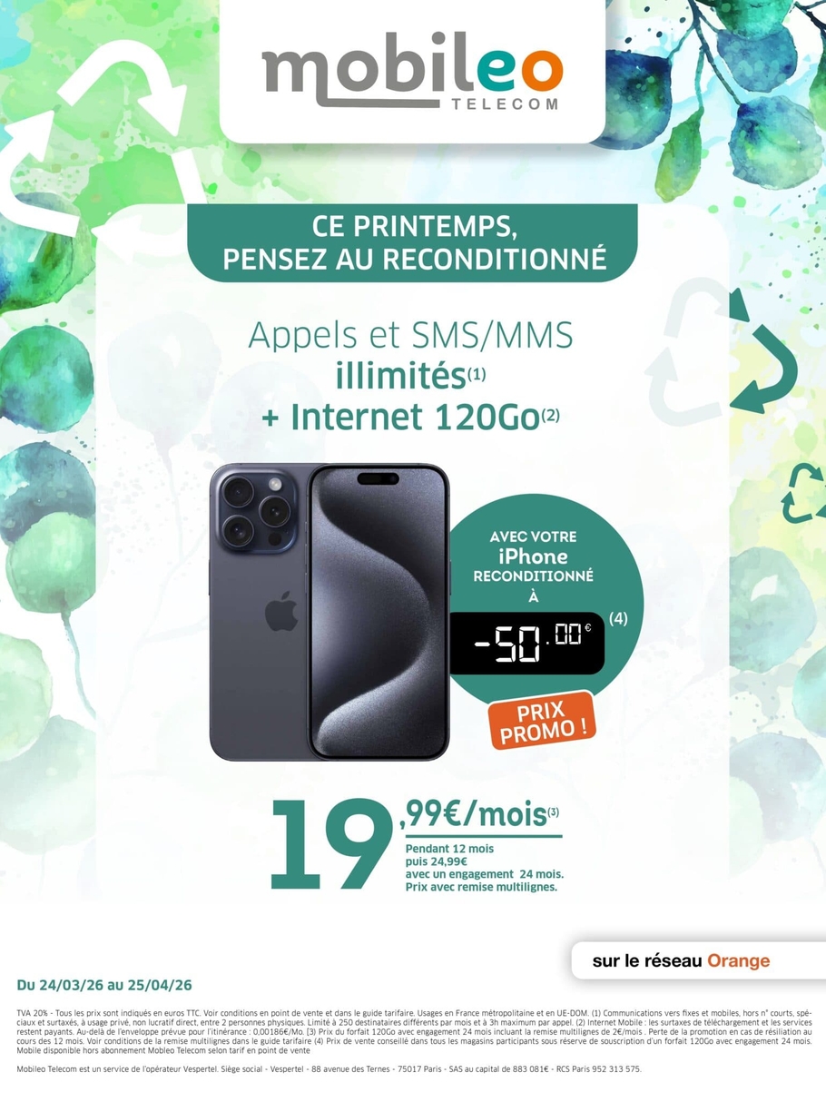 Offre Mobileo du moment : appels, SMS illimités et internet avec un iPhone reconditionné