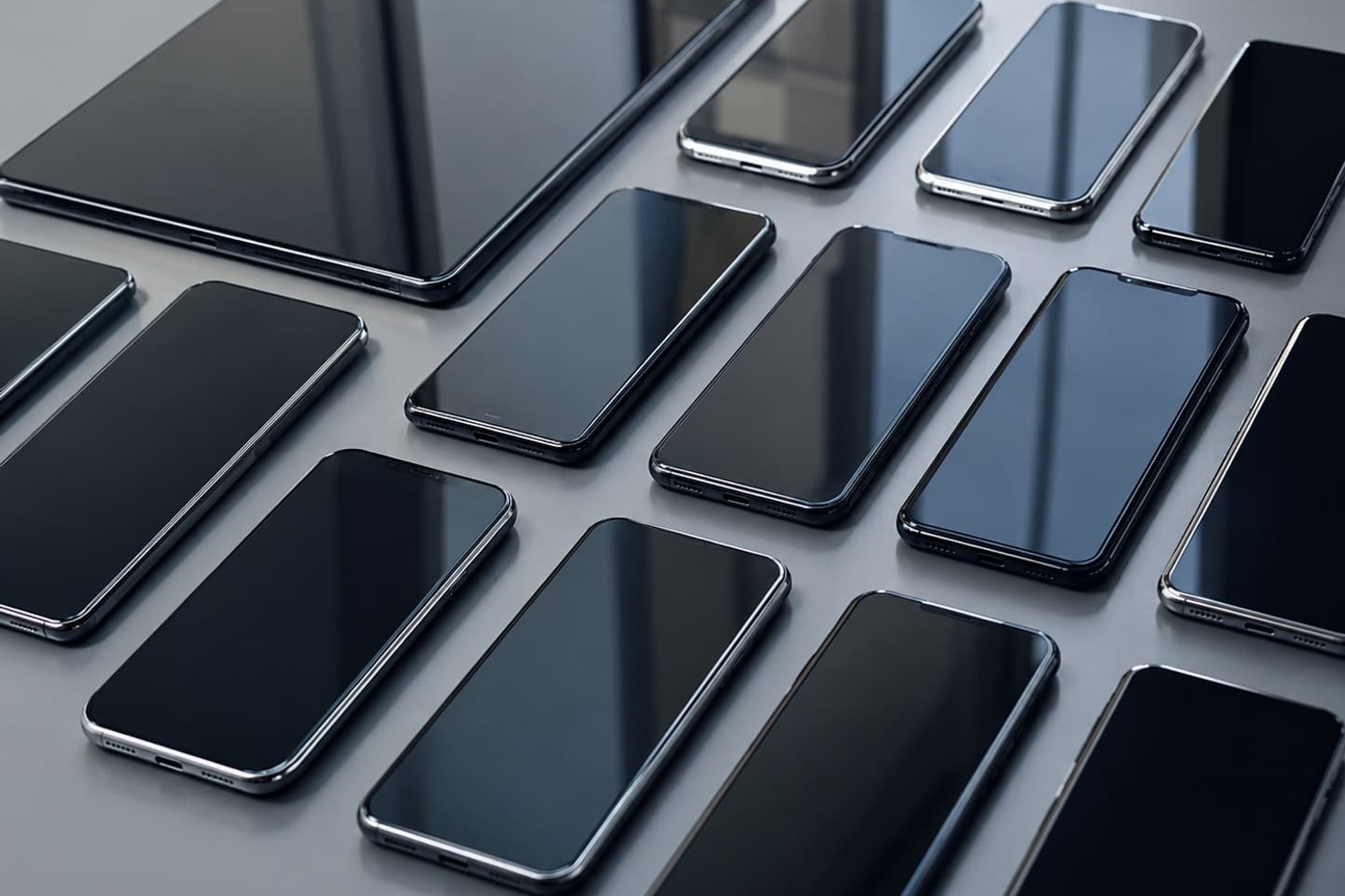 Flotte de smartphones professionnels alignés sur une table