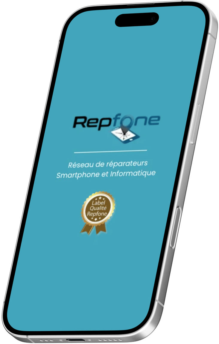 Smartphone affichant le logo du réseau Repfone et son label qualité