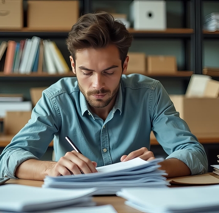Homme travaillant, submergé de paperasse