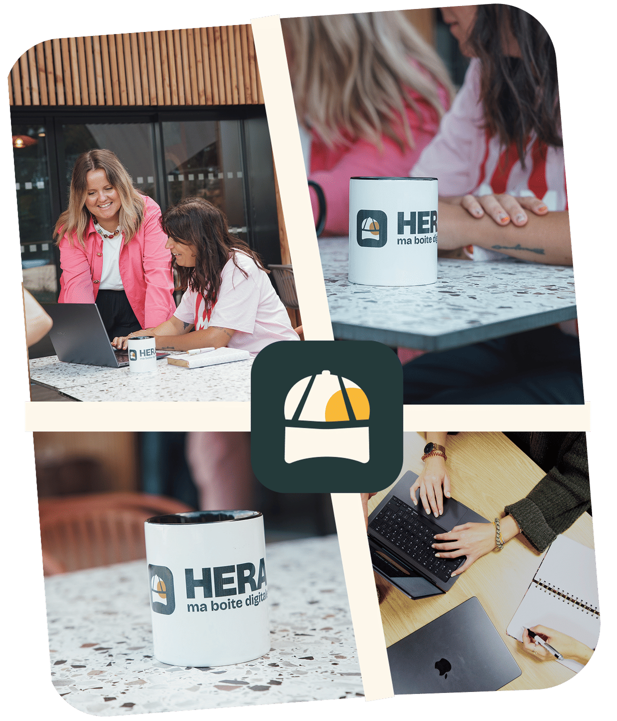Mosaïque de photos du collectif Hera autour du logo