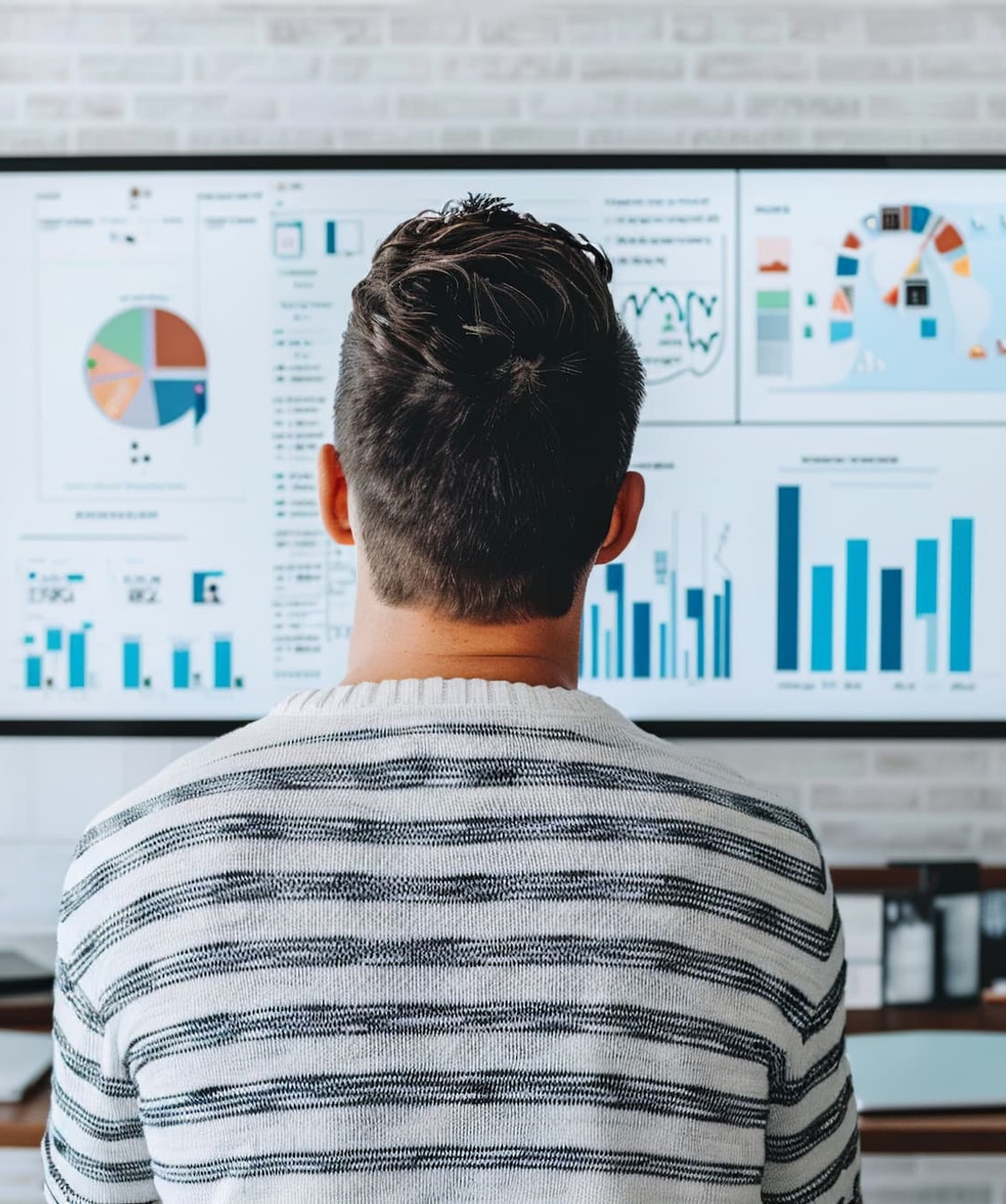 Homme de dos analysant les statistiques de son entreprise sur un grand écran