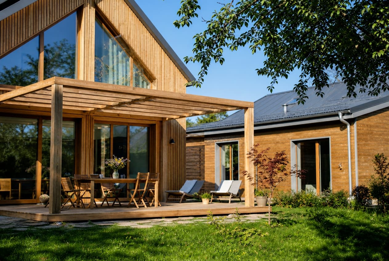 Pergola autoportée en bois sur la terrasse d'une maison bois