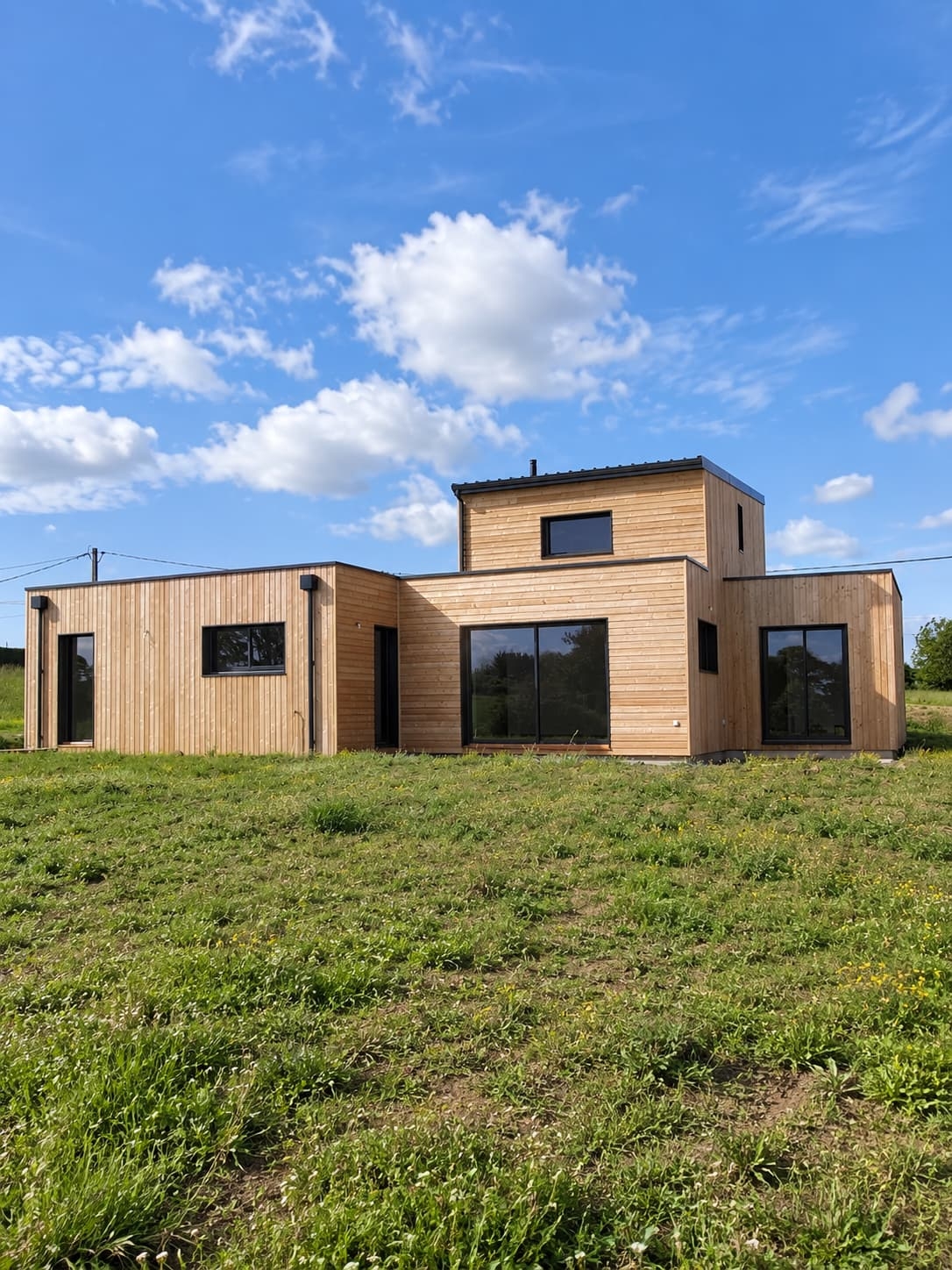 Maison bois composée de plusieurs volumes cubiques à des hauteurs différentes