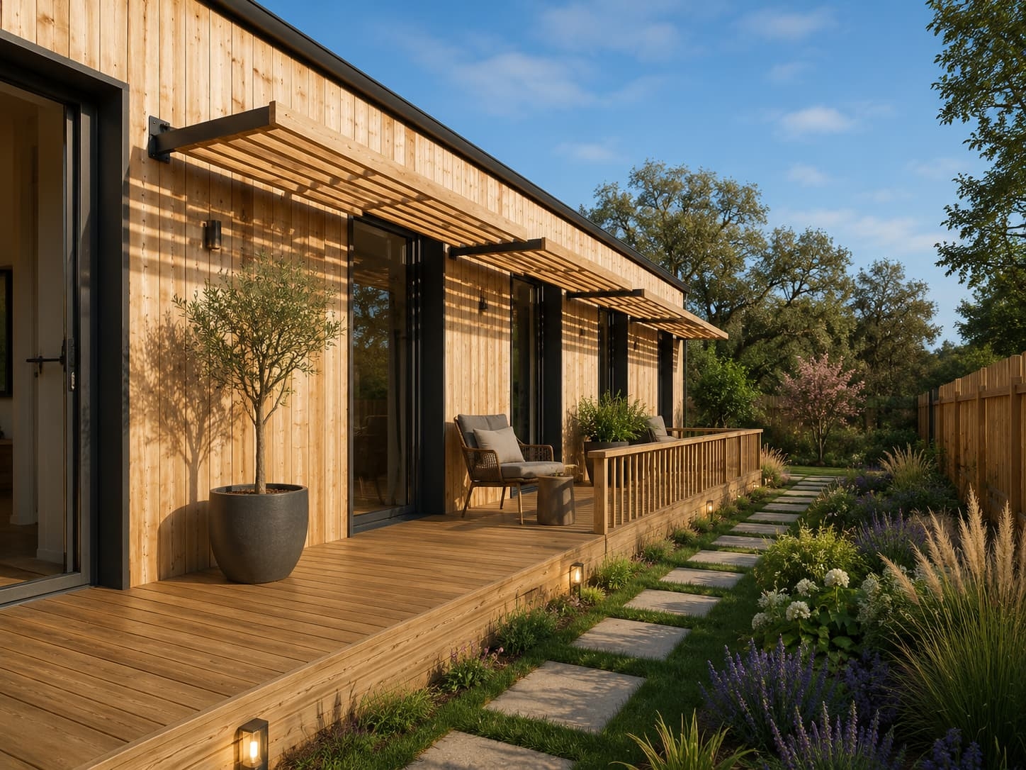 Maison en bois moderne avec bardage bois vertical, terrasse et brise-vue
