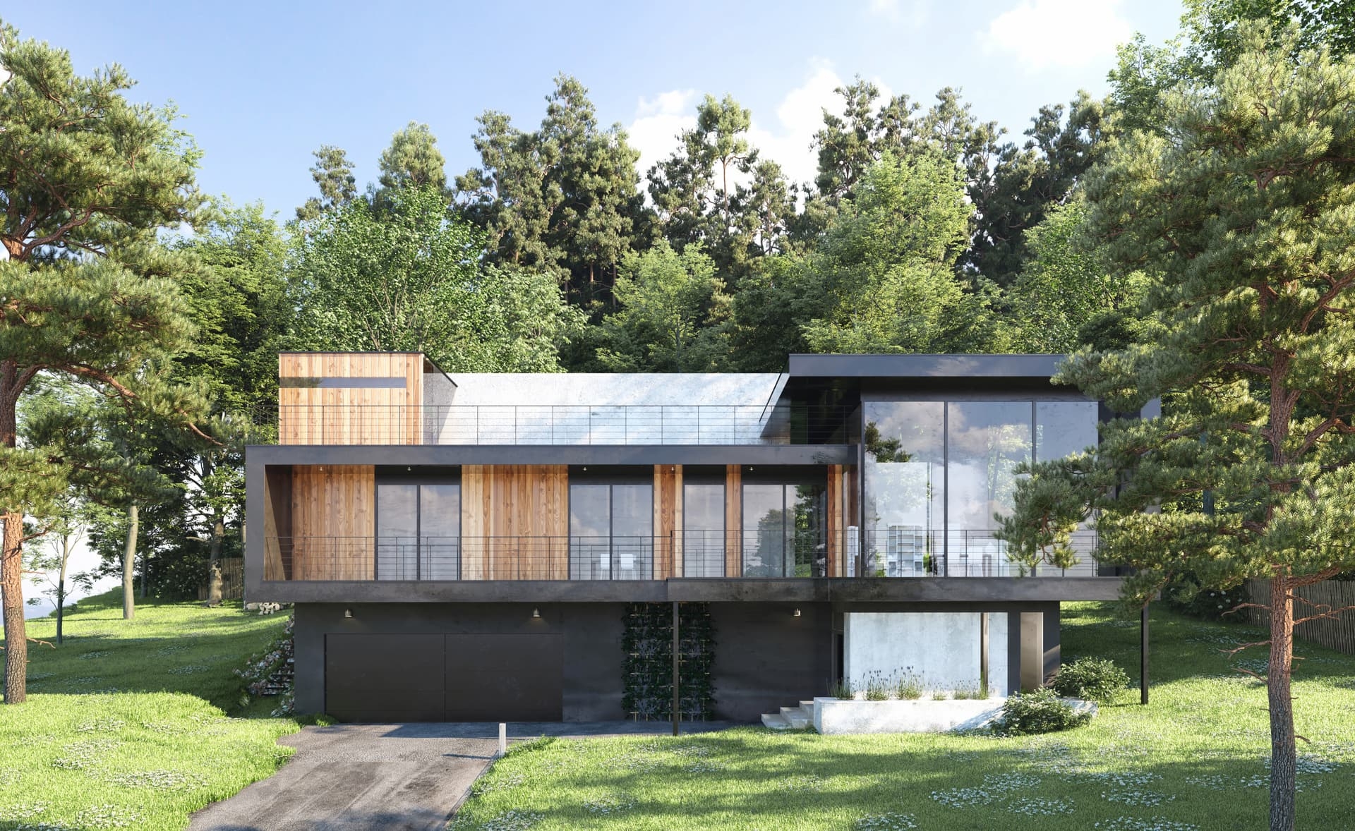 Maison bois moderne à étage entourée d'arbres