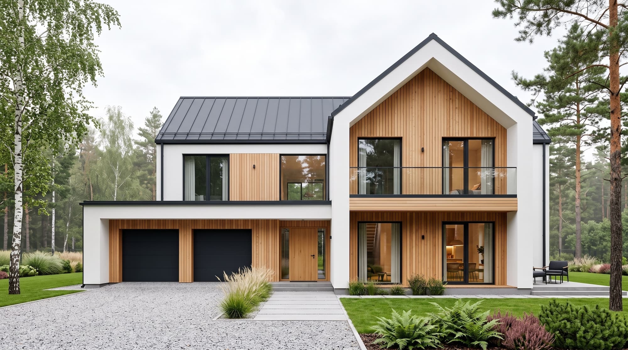 Maison ossature bois moderne avec bardage bois et grandes baies vitrées