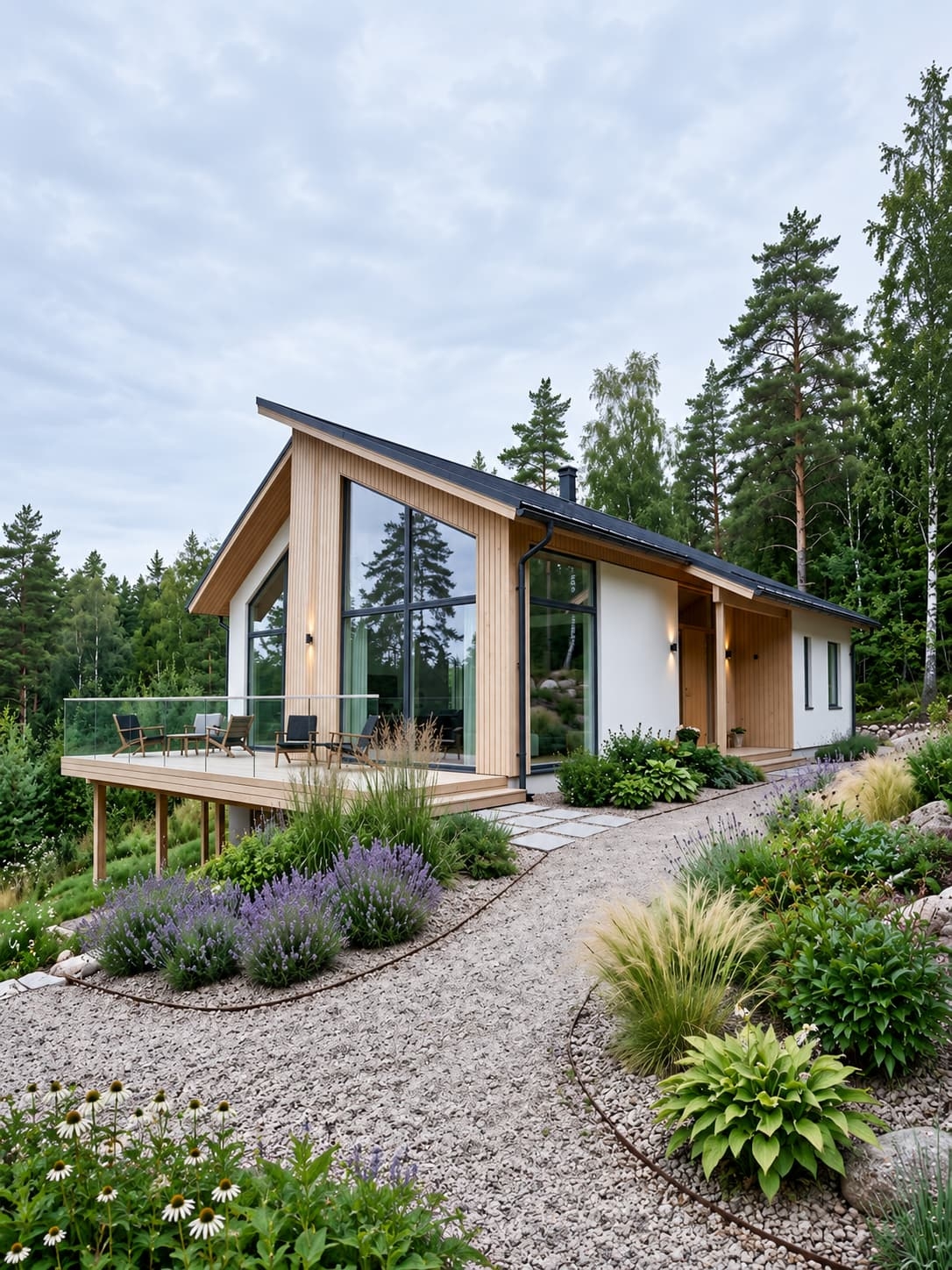 Maison bois de style scandinave avec grande baie vitrée, terrasse sur pilotis et jardin