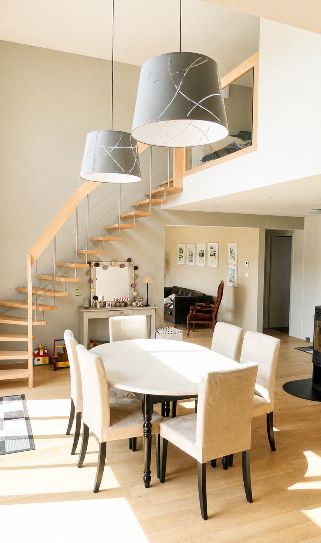 Intérieur lumineux d'une maison en bois avec escalier et salle à manger