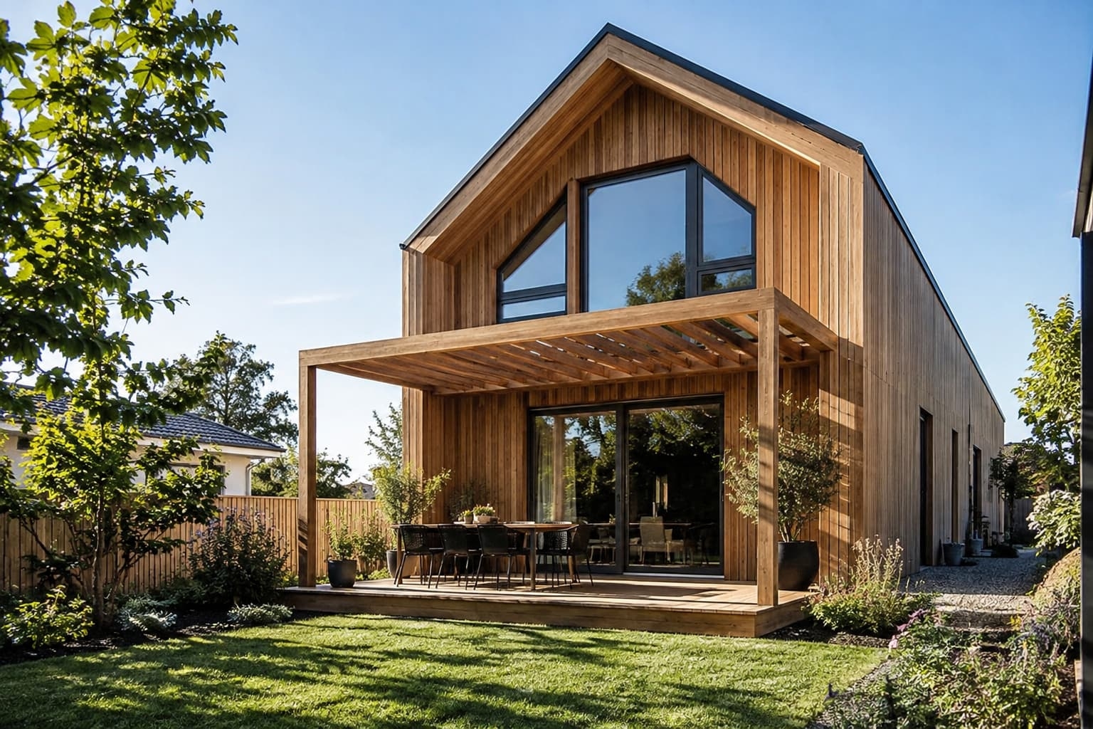 Maison en bois de style scandinave à étage avec pignon vitré et pergola