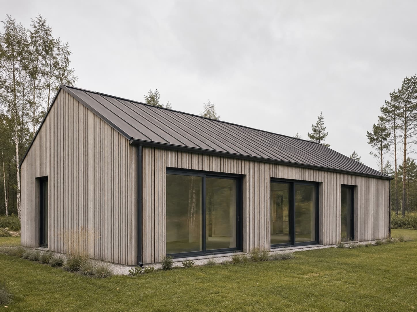 Maison scandinave en bois au bardage vertical clair et toiture métal à faible pente