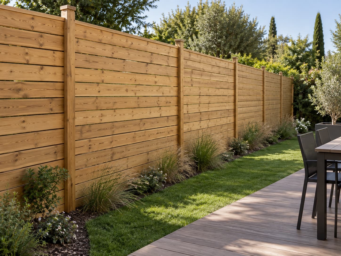 Brise-vue en bois naturel le long d'un jardin
