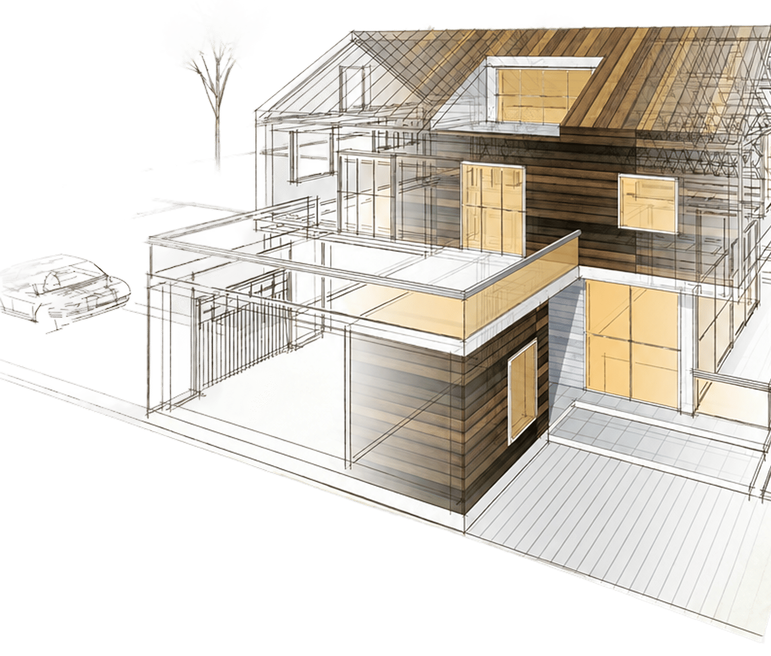 Plan en perspective d'une maison en ossature bois avec bardage bois