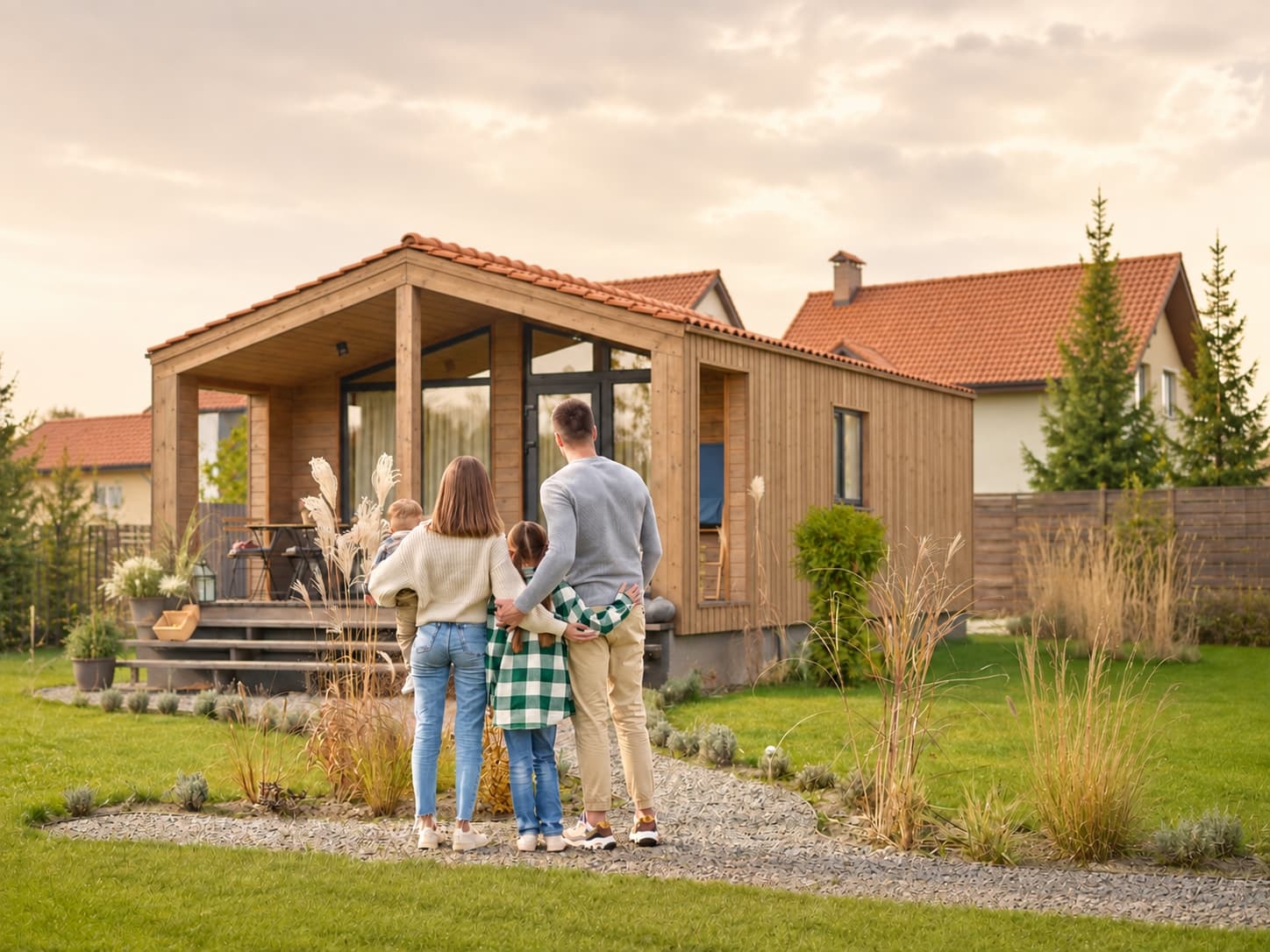 Famille devant sa nouvelle maison en bois construite par Projet Bois