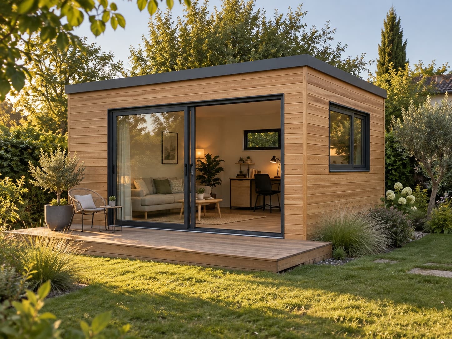 Studio de jardin en bois avec terrasse au fond d'un jardin