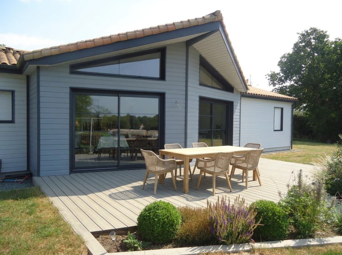 Maison en bois dessinée sur mesure avec grande baie vitrée et terrasse bois