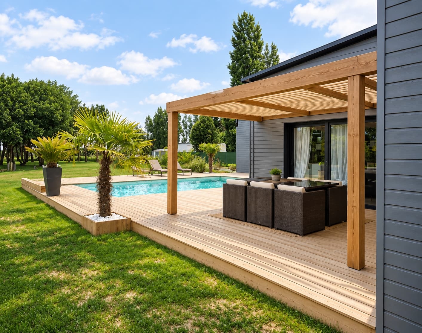 Pergola en bois adossée à la maison au-dessus d'une terrasse