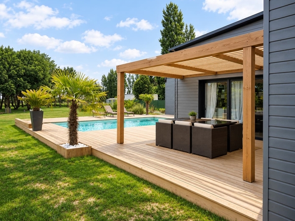 Pergola en bois adossée à une maison avec terrasse