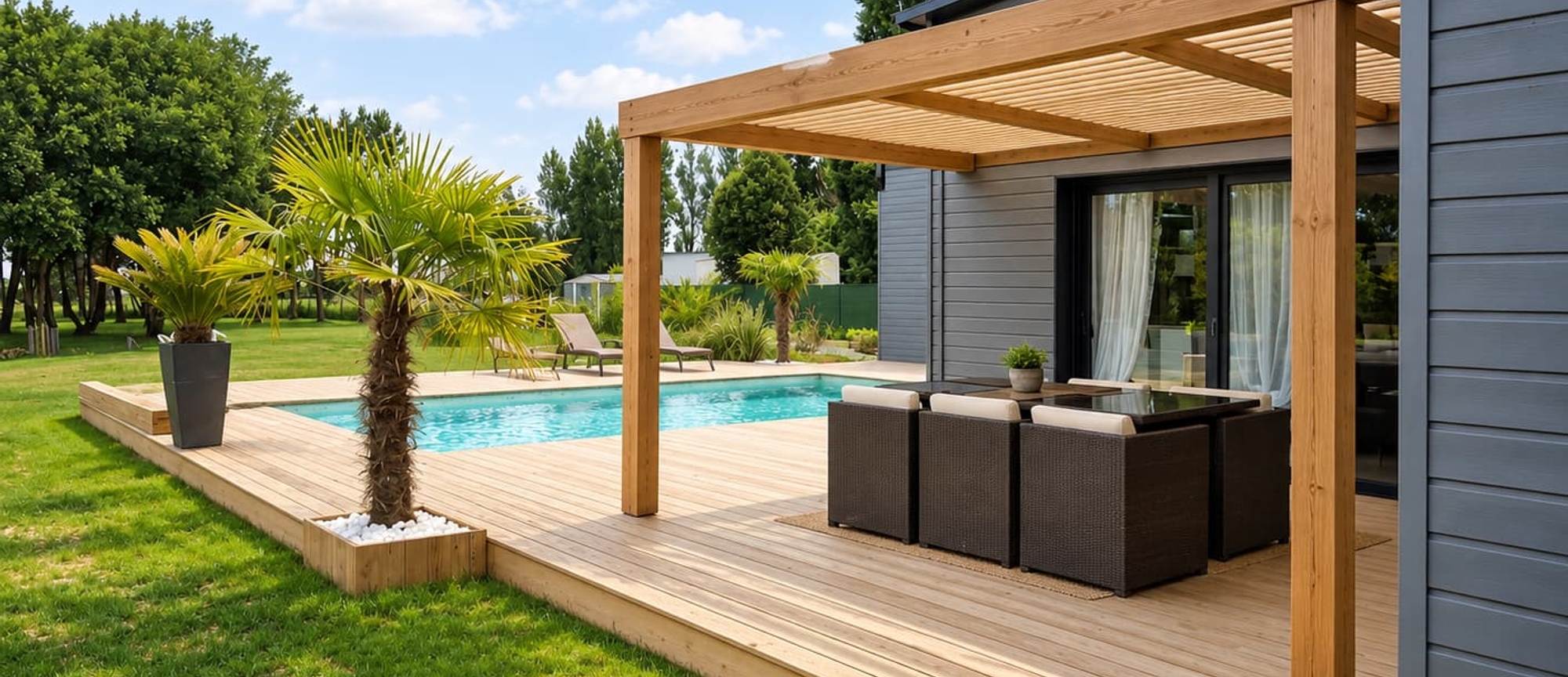 Terrasse en bois et pergola adossée à une maison ossature bois