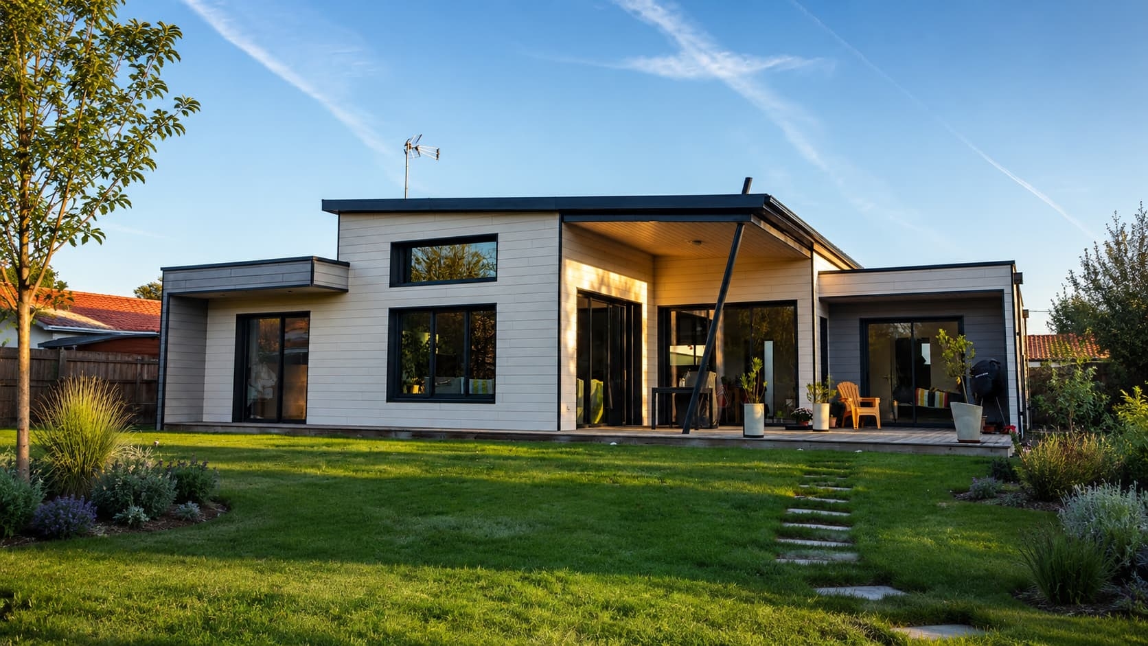 Maison bois moderne à toit plat avec grandes baies vitrées