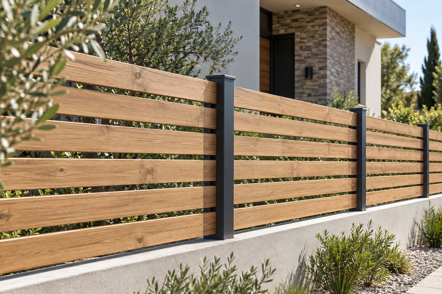 Brise-vue en bois à lames horizontales devant une haie