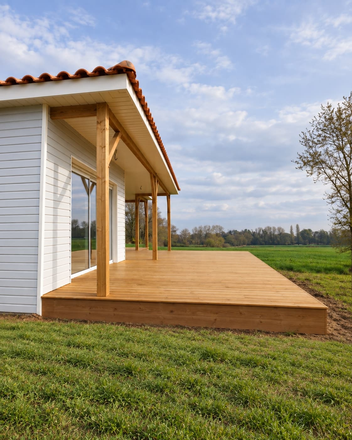Terrasse en bois de plain-pied le long d'une maison