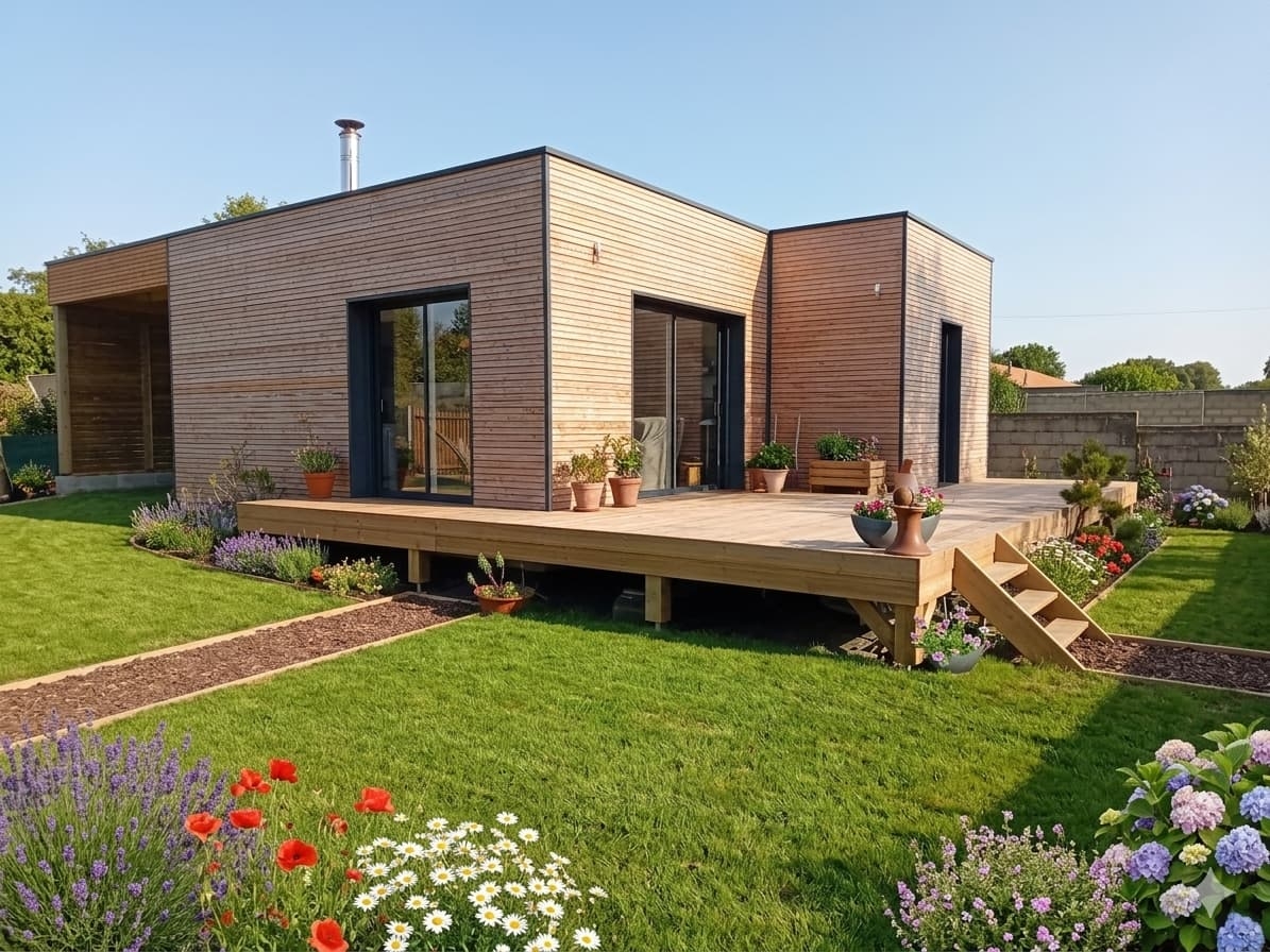 Terrasse en bois sur pilotis le long d'une maison
