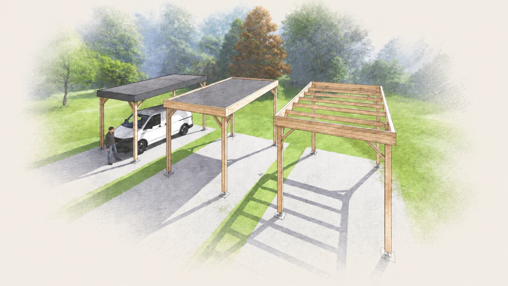 Plan en perspective de carports en bois