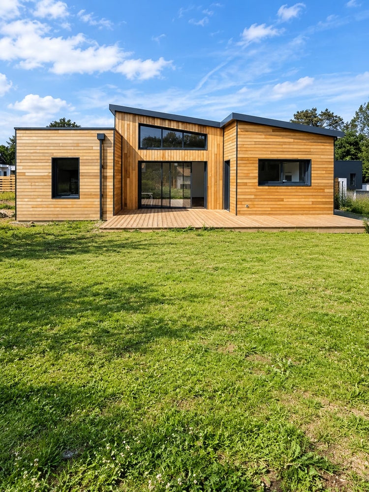 Maison en bois moderne avec bardage bois et grandes baies vitrées