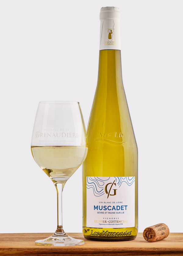 bouteille et verre vin blanc sec muscadet domaine de la grenaudiere
