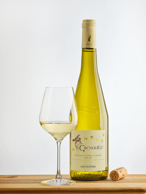bouteille et verre de vinblanc msucadet sevre et maine sur lie la Grenouille