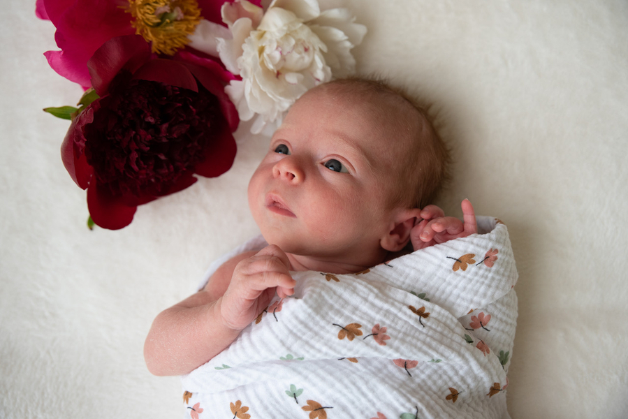 bébé à côté d'une fleur